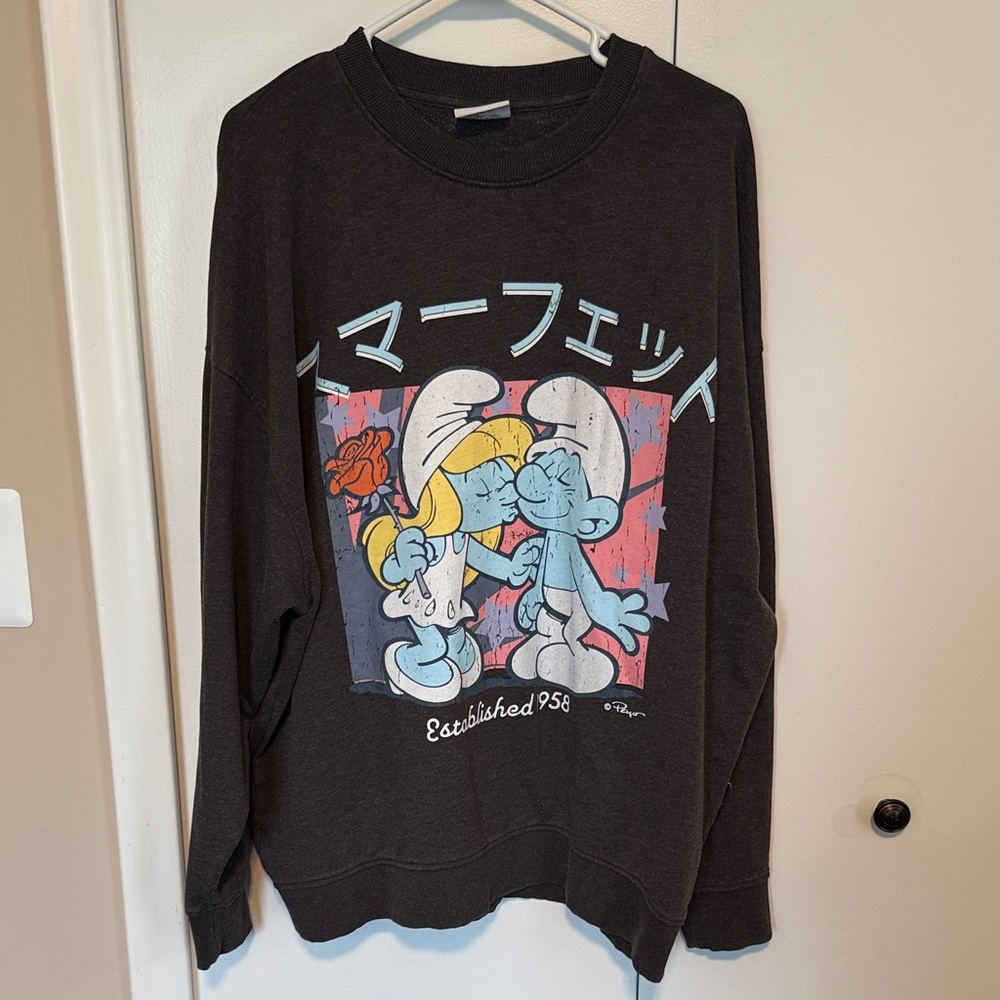 Black Graphic Crewneck Sweatshirt with Blue Smurf Couple Print
